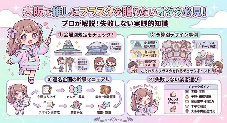 【2026年最新】大阪のフラスタ完全攻略！会場規定から業者選び、マナーまでプロが徹底解説