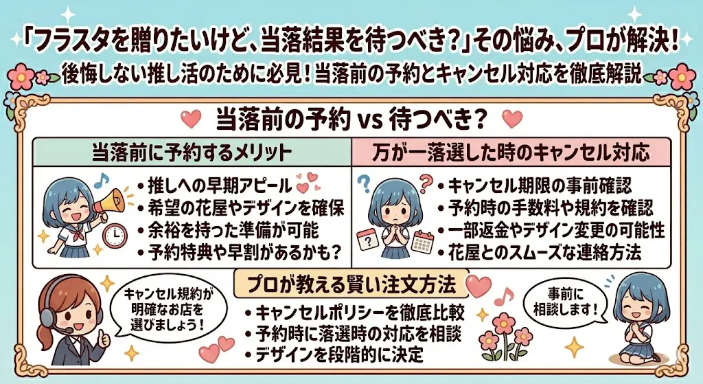 【プロが解説】フラスタは当落前の予約が正解！落選時の不安を解消する完全ガイドのフラスタ・スタンド花写真｜アールフラワー